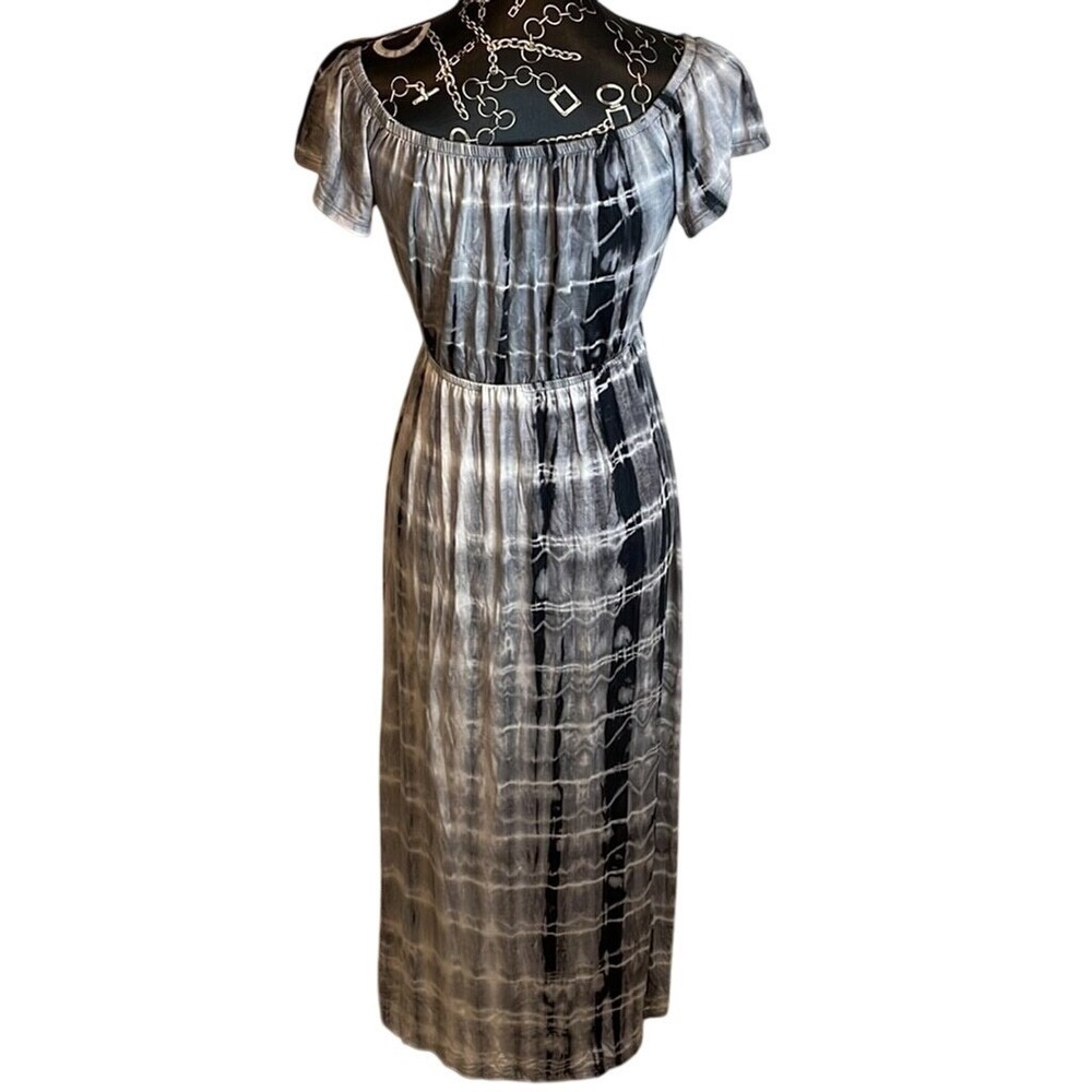 One Clothing Los Angeles Grey Black Tie Dye Off Shoulder Maxi Dress Womens Small - Picture 3 of 5